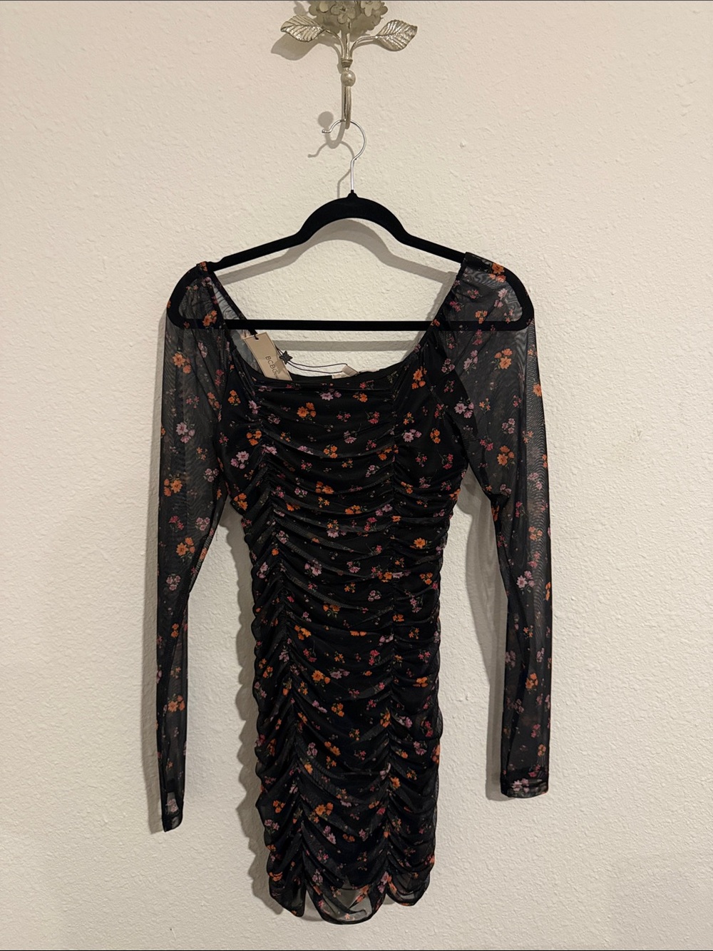 BCBGeneration Black Sheer Ruched Floral Long-Sleeve Dress